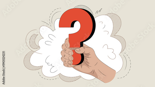 A stylized illustration depicts a hand firmly grasping a large vibrant red question mark against a soft neutral background high quality professional detailed modern elegant stylish