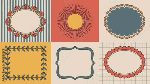 A colorful arrangement of six decorative frames each with unique shapes and patterns set against a grid background high quality professional detailed modern elegant stylish clean