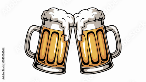 Two overflowing mugs of golden beer are clinking together in a celebratory toast symbolizing friendship and good times high quality professional detailed modern elegant stylish clean