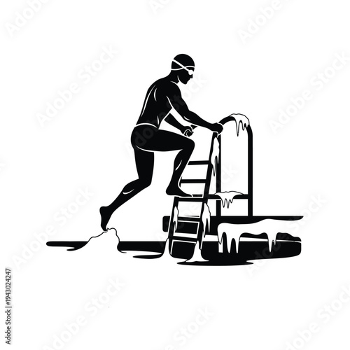 Swimmer exiting icy pool after cold water swim.