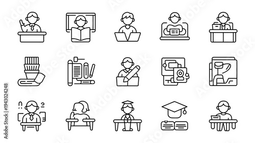 A collection of simple linear icons depicting various aspects of education including students teachers and learning materials high quality professional detailed modern elegant stylish clean crisp