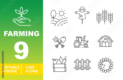 Farming and Rural Agriculture Icons. Editable stroke icons for countryside and cultivation. Featuring landscape scenes, scarecrows, wheat stalks, garden forks, shovels, tractors, barns, vegetable