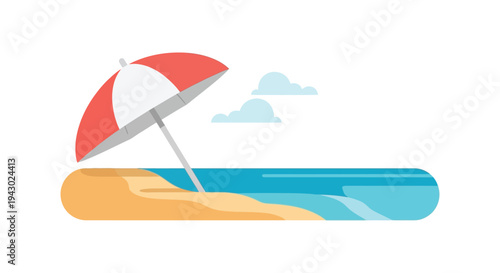 Beach umbrella on sandy shore in colorful flat design with blue ocean and white clouds for summer vacation