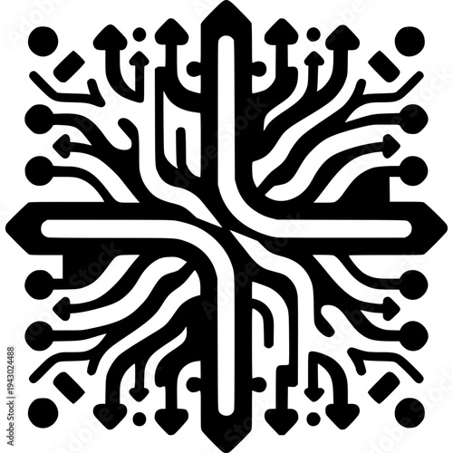 Abstract Circuitry: An intricate black and white graphic symbolizing interconnected pathways and data flow, evoking a sense of complex systems and technological advancement.