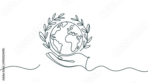A minimalist line drawing of earth held in a nurturing hand with leaves