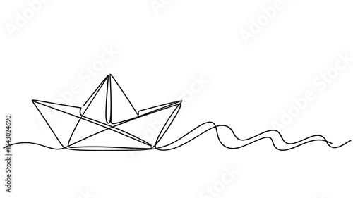 Simple line drawing of a paper boat floating on wavy water