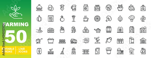 Agriculture & Organic Food Line Icons. Editable stroke vector icons for farming business. Featuring avocados, pumpkins, coffee beans, watering cans, harvesters, and barn house symbols for food supply