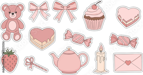 Pink Valentines Day stickers with bows and candies in pastel colors on white background for party decoration