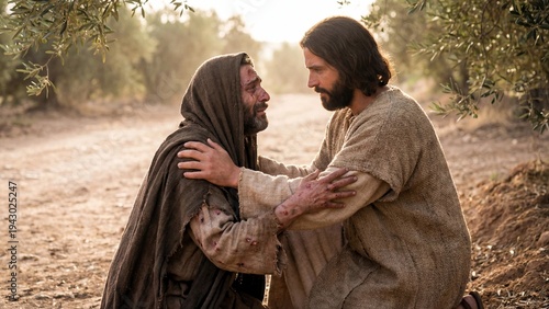 Jesus healing a leper with compassion in a serene outdoor setting
