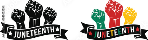 Juneteenth celebration featuring raised fists in red black and green