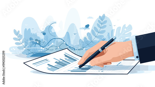 Close up of a business hand holding a pen and reviewing complex financial reports with bar graphs and blue abstract nature background.