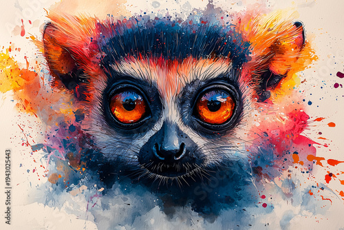 Funny lemur watercolor splash textured background