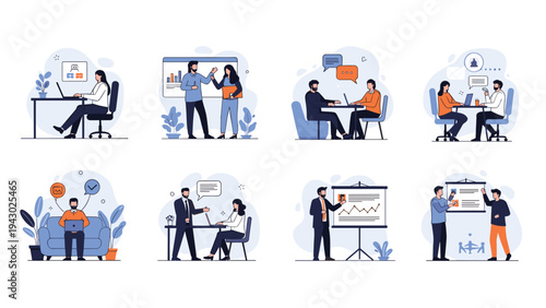 Comprehensive collection of people working in various office situations including meetings desk work and presentations for corporate use.