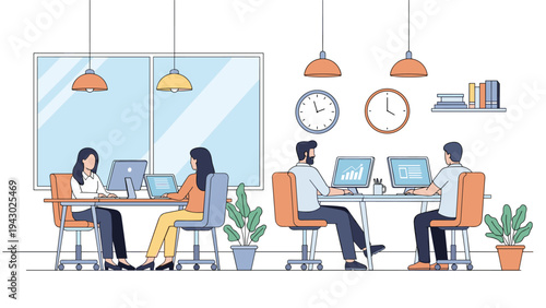 Modern open plan office interior featuring two separate workstations where male and female employees are busy with computer tasks.