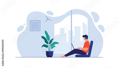 Young man sitting on the floor of a contemporary apartment working on his laptop with headphones while looking out at the city view.