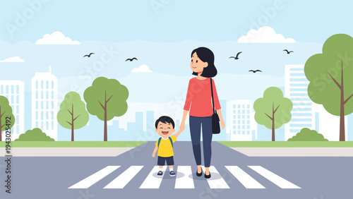 Mother holding her young sons hand while walking across a city crosswalk safely in a urban park environment during daytime.
