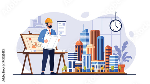 Professional architect wearing a yellow safety helmet examines blueprints next to a detailed scale model of a modern city landscape.