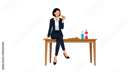 Professional woman wearing a dark business suit takes a lunch break by sitting on a wooden table and eating a slice of cheesy pizza.