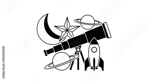 Vintage telescope surrounded by celestial icons and a rocket ship