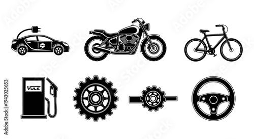 Icon set featuring transportation and mechanical vehicle components
