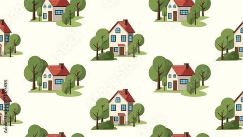 Seamless vector pattern featuring small suburban houses and green trees arranged neatly on a light cream background for textile design.