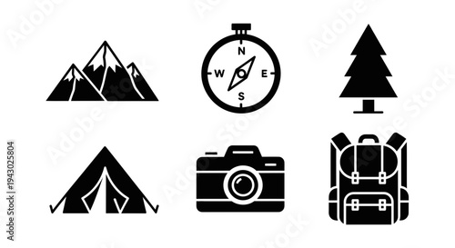 Icon set representing essential items for outdoor hiking adventures