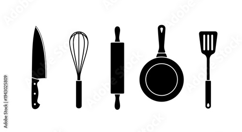 Essential kitchen utensils and tools in black and white illustration