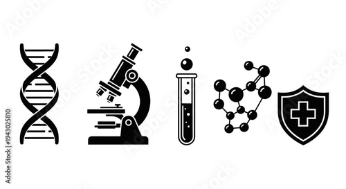 Icon set representing key elements of scientific and medical research