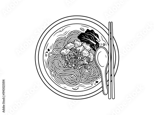 A detailed black and white line drawing of a delicious bowl of ramen noodles with tofu and nori seaweed, including chopsticks and a spoon. Ideal for restaurant menus and culinary designs.