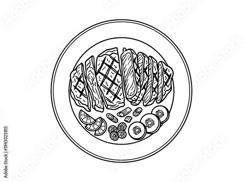 Vector sketch of a grilled beef steak served on a plate with lemon slices and vegetables. Vintage engraving style for restaurant menus and food design.
