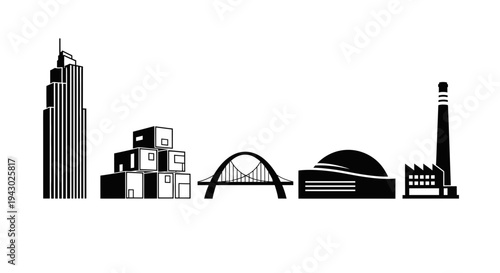 Distinctive architectural landmarks in a simplified black and white line art style
