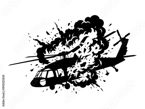 Detailed black and white stencil art showing a military combat helicopter being struck by an explosion with smoke and flying debris.
