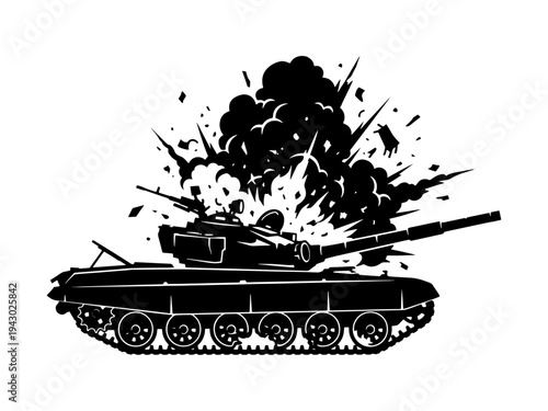 A high-contrast black and white graphic illustration of an armored battle tank exploding, suitable for military-themed designs, posters, and stickers.