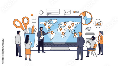 Team of business professionals stands before a massive laptop screen displaying a world map with location markers for global expansion.
