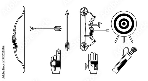 Collection of archery equipment and target illustrations