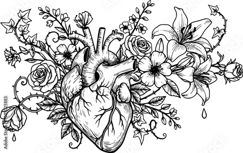 Anatomical heart with blooming wildflowers dark romance vector illustration black and white
