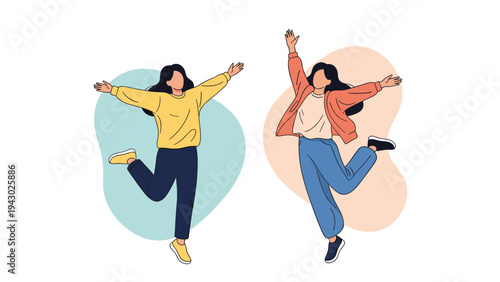 Two cheerful young women jump high in the air with outstretched arms against a background of soft pastel abstract shapes and colors.