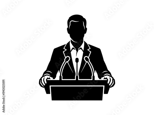 A black and white vector silhouette of a man in a formal suit standing at a podium with microphones, suitable for presentations, political news, or public speaking topics.