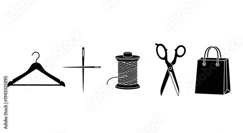 Hanger with thread, scissors, and shopping bag icon set