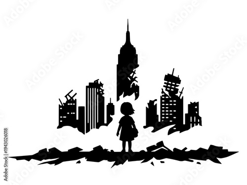 A black and white silhouette of a young girl standing in rubble looking at a devastated city with ruined skyscrapers, representing war, environmental collapse, or disaster.