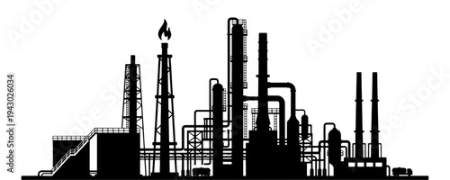 Black and white vector silhouette of an extensive oil refinery or chemical processing plant with flare stack, pipes, and tanks, ideal for energy, industry, and environmental themes.