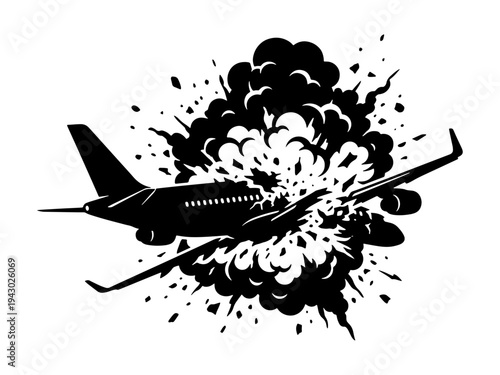 Dramatic black and white vector illustration of a commercial passenger jet plane exploding mid-flight with a large smoke cloud and debris.