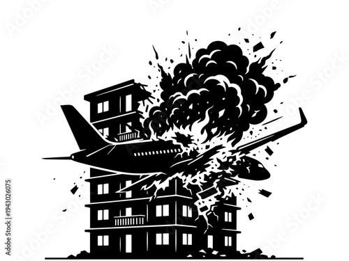 A dramatic stencil-style silhouette of a commercial airplane impacting a high-rise building with explosions, smoke, and debris. Ideal for disaster or emergency concepts.