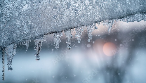 Glinting band of icicles shedding droplets and melting on icy branch at sunrise, with warm bokeh