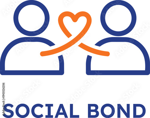 Two people icons with orange heart symbol representing social bond on transparent background