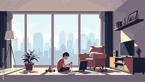 Young boy sitting on a white rug in a sunlit living room plays interactive video games on his laptop with a handheld controller.
