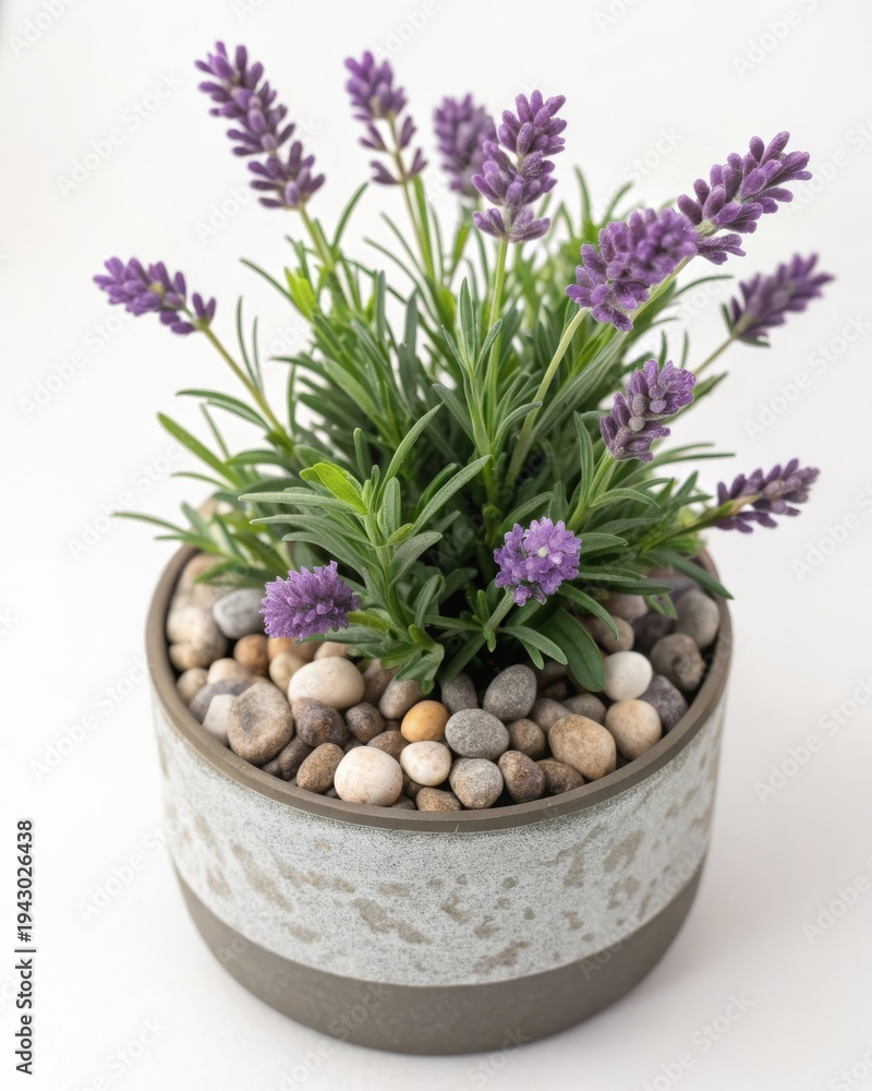 Obraz premium Captivating closeup of potted lavender with decorative pebbles indoor garden setting serene home decor nature's beauty