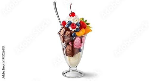 Delicious Ice Cream Sundae with Fruit and Chocolate Sauce