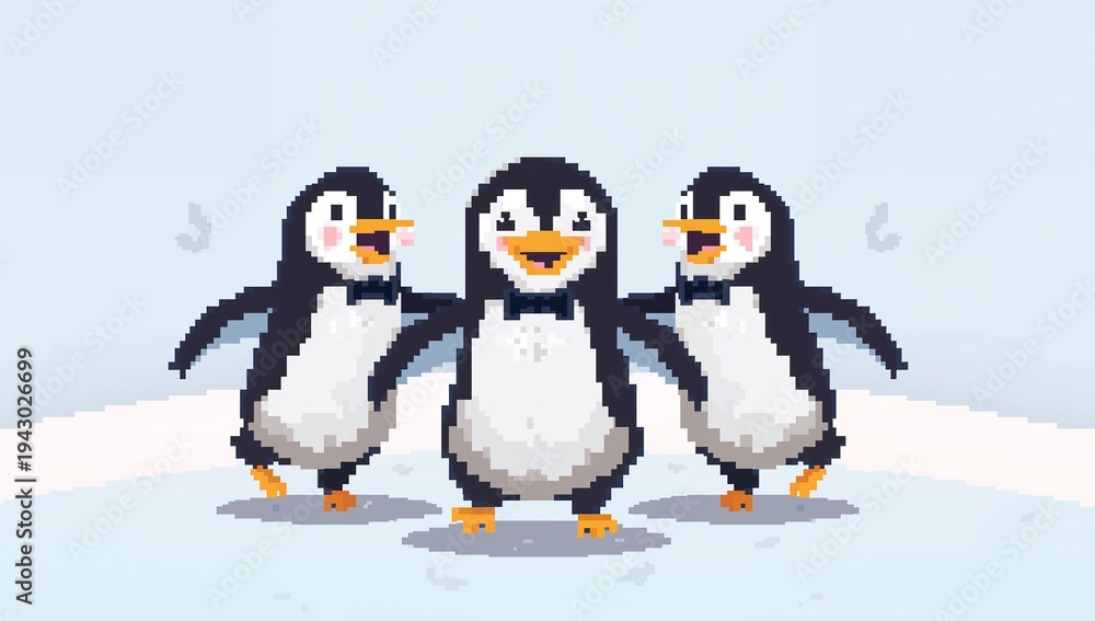 Fototapeta premium Standing three pixel-art penguins on snowy ice plain, showing black bow ties and pixel shadows