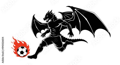 Black Dragon Kicking Flaming Soccer Ball.